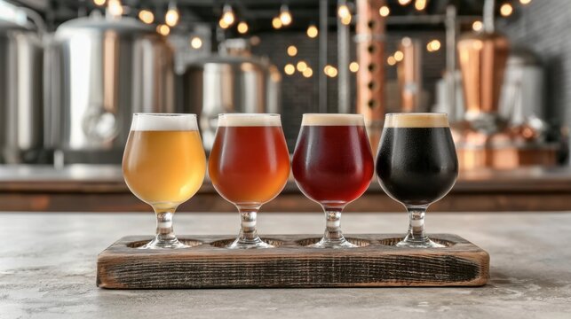 Four different craft beer samples in tulip glasses on wooden paddle with brewing tanks and warm ambient lights in blurred background of brewery bar