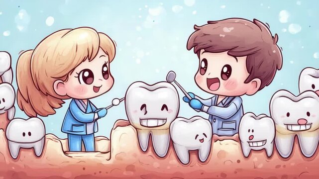 Cute cartoon dentists: adorable children caring for smiling teeth