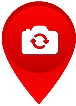 Red map pin with white reverse camera icon for selfie or flip points