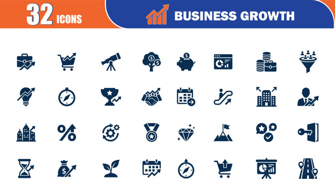 Business growth icon set. Money and finance icons with banking, payments, savings, investment, Tax, Exchange, and income concepts. Blue Color solid icon collection. 