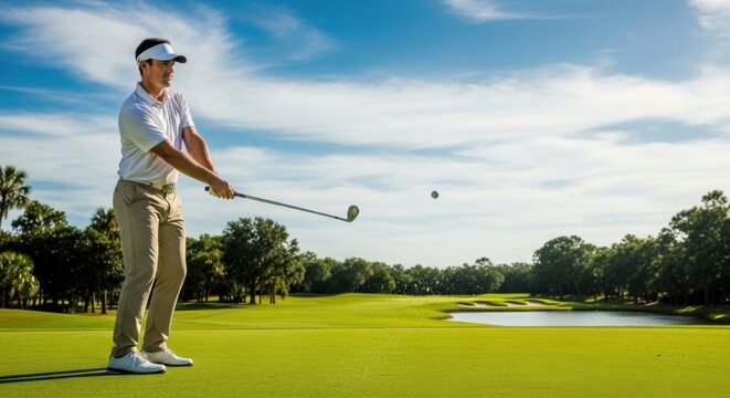 Golfer putting a ball on the green during a golf game on an outdoor course