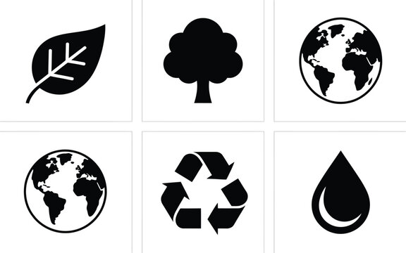 Minimalistic black and white silhouettes of leaf tree globe recycling symbol and water drop on clean white background emphasizing environmental awareness and sustainability themes