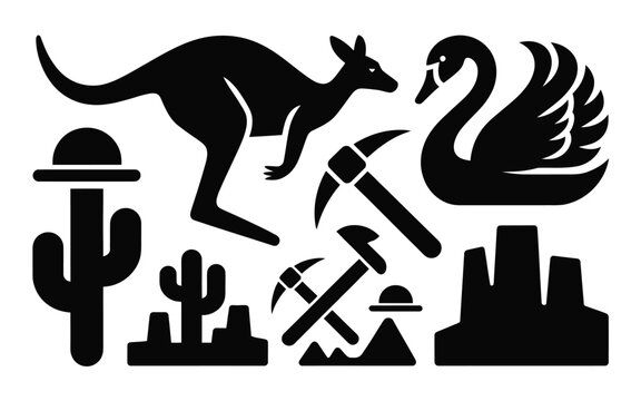 Bold black silhouettes of a kangaroo swan cacti mining tools and rocky mountains in a modern chunky design style