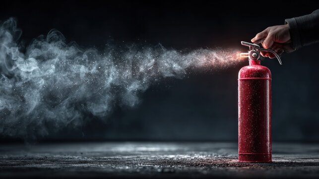 Hand operating a red fire extinguisher spraying white powder and smoke against a dark background