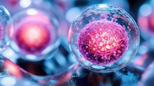 Magnified view of human cell structure with glowing nucleus. hMPV, Human metapneumovirus