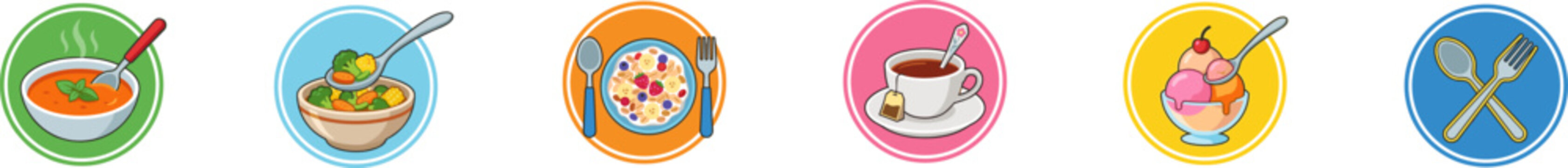 Vector set of circular food icons featuring assorted meals, desserts, and beverages.