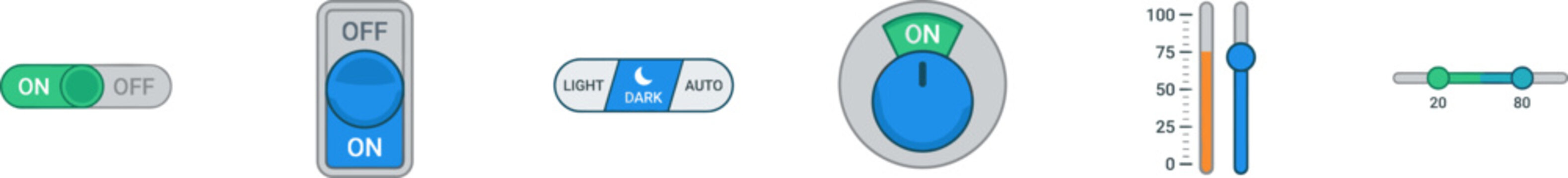 Vector set of various UI toggle switches, sliders, and volume knobs