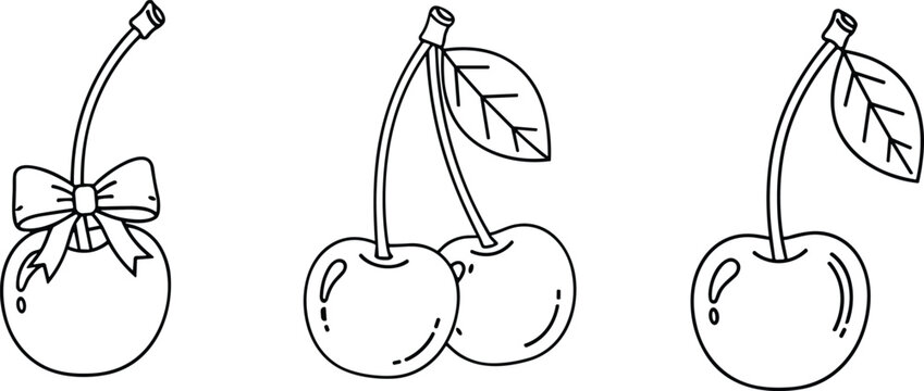 Cartoon style hand drawn cherry vector set. Includes single cherries, paired cherries, and a cherry with ribbon. Perfect for fruit illustrations