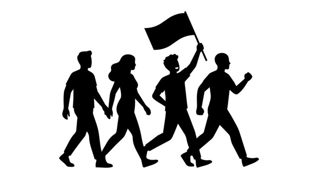 Group of people marching and holding protest flag isolated on transparent background, Vector