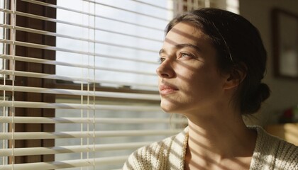 Fototapeta premium Gazing woman wearing knit sweater catching striped sunlight from window blinds at home, copy space