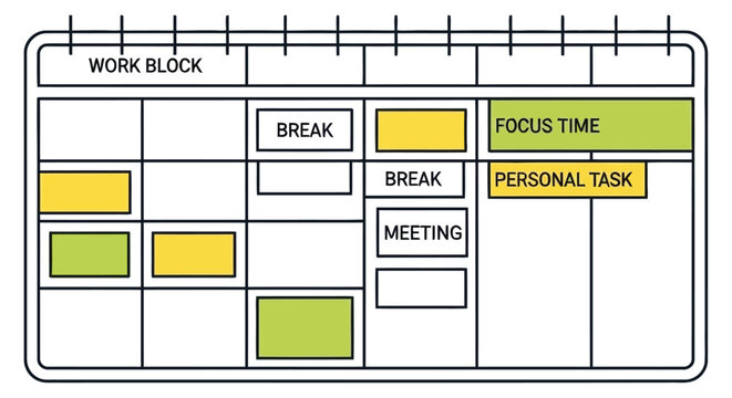 A visual work block planner with scheduled focus time breaks and tasks