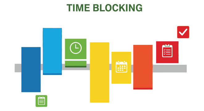 Time blocking concept illustrated with colorful rectangular blocks and icons
