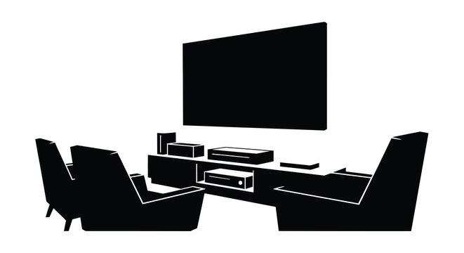 Silhouette of a modern home theater setup with tv and seating