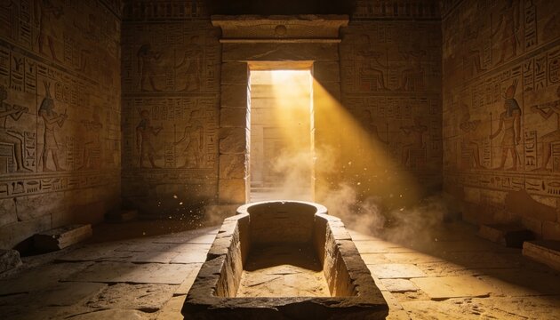 Bathing stone sarcophagus, sunlight highlighting dust motes and carved walls at Egyptian temple