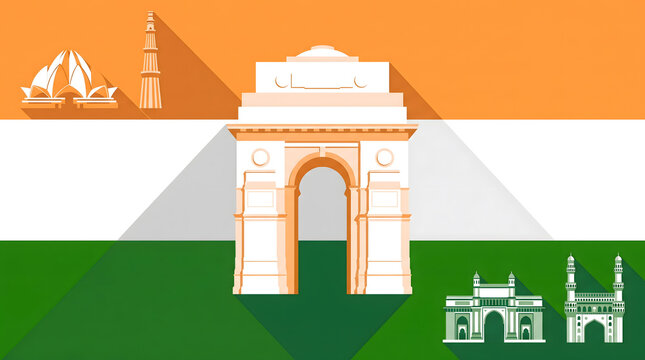 India Gate flat illustration on Indian flag tricolor background independence day festive poster