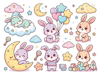 Fototapeta premium Cute cartoon rabbits and baby toys on with clouds stars and moon