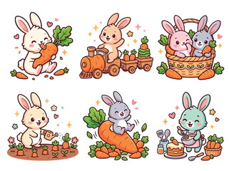 Naklejka premium Adorable cartoon rabbits enjoying carrots in various fun scenes
