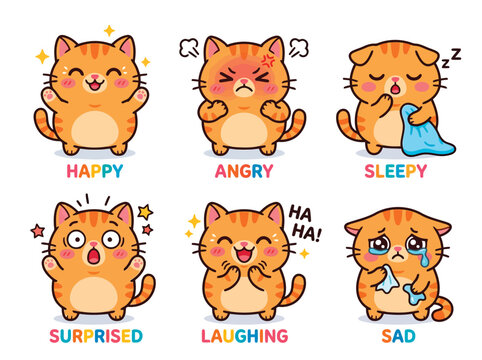 A set of six cartoon cats with different emotions