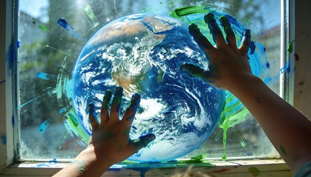 Pressing painted hands with bare forearms against window glass at home, showing fingerpaint Earth
