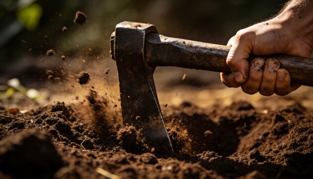 Striking metal-headed mattock with wood handle and bare forearm in garden, sending clods flying