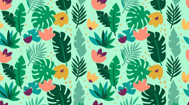 Tropical seamless pattern with flat design leaves and colorful flowers