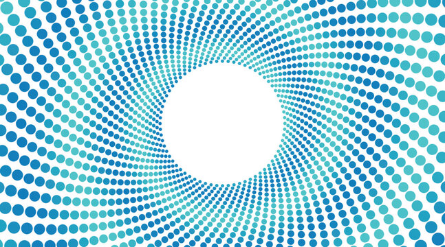 Blue cyan halftone dot vortex tunnel vector background with white circle center, swirling gradient dot pattern for banner poster template, isolated transparent cutout design overlay PNG