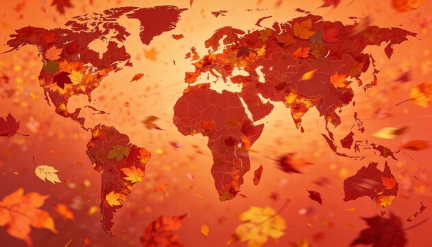 Showing red world map on warm gradient, with country borders, falling maple leaves, motion blur