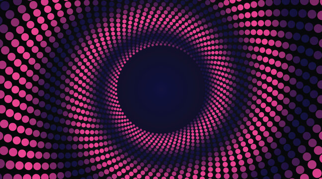 Pink magenta spiral halftone dot vortex vector background, swirling tunnel pattern with gradient dots on dark navy, abstract geometric radial design overlay