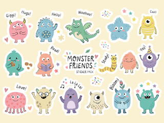 Obraz premium Monster friends sticker pack with cute characters and positive lettering