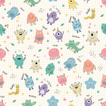 Cute monster friends with positive quotes seamless pattern for kids