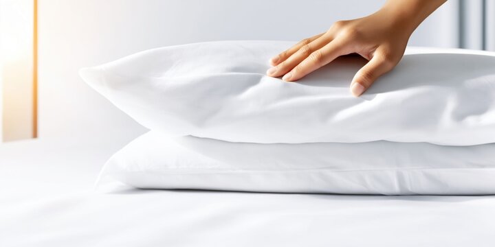 Hand gently touching a stack of clean white pillowcases on a bed