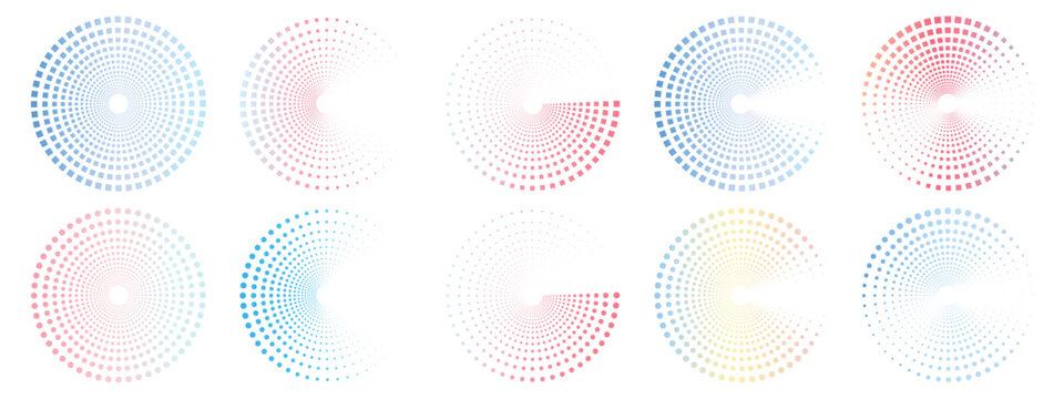 Circular halftone dot pattern vector icon set, flat pastel gradient geometric dotted ring and arc symbols isolated on transparent background, pink blue yellow cutout design overlay PNG
