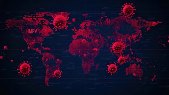 Global spread of hmpv virus illustrated on world map with red virus icons