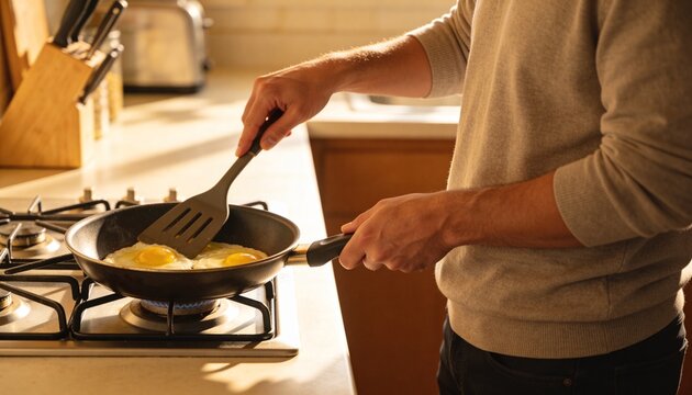 Cooking gray-sweatered man frying eggs in black skillet on gas stove with spatula, copy space