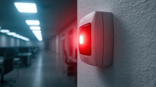 Emergency fire alarm with red light on wall in modern office corridor with empty workspace and illuminated ceiling