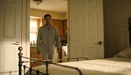 Fototapeta premium Walking man wearing gray pajamas through white doors into bedroom, showing metal bed and quilt