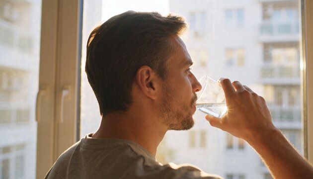 Drinking adult male wearing gray tee by window frame handle, holding clear glass, viewing facades