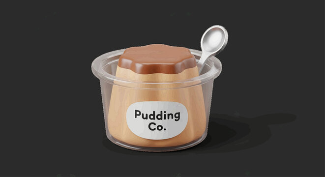 A delicious dessert of pudding is served in a clear plastic cup with a spoon on a dark background.