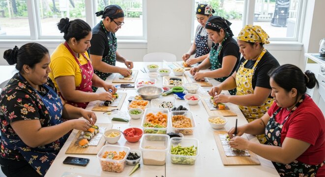Group of women and a man making sushi rolls at a cooking class. Asian cuisine workshop. Delicious food preparing.