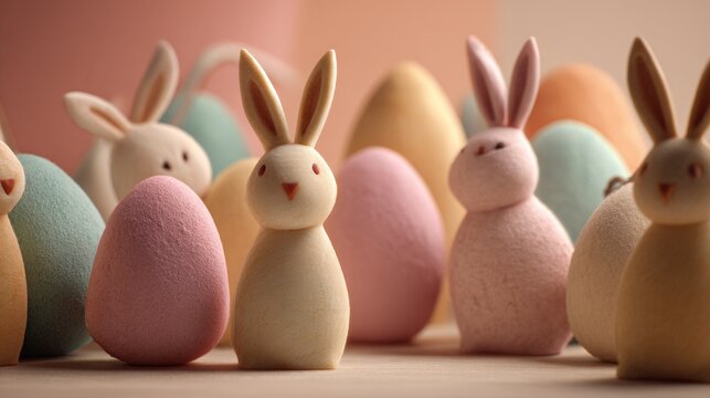 Happy easter Soft pastel bunnies stand beside colorful Easter eggs. Each bunny has delicate ears and gentle eyes. Pastel tones create a cozy, festive atmosphere