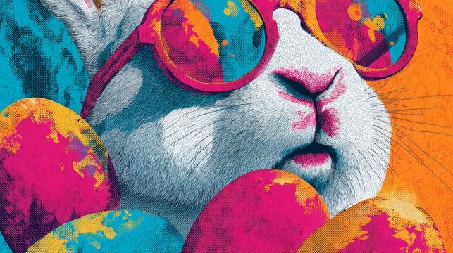 Happy easter Easter bunny wears stylish, colorful sunglasses. Surrounded by vibrant, painted eggs in bold hues. Expression calm, confident, and slightly amused. Perfect for festive, playful