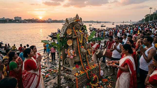 Grand durga puja celebration with devotees gathered near river bank.