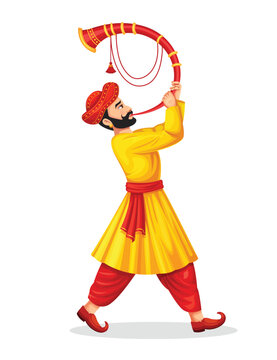 Indian Wedding Band Musician Performing in barati on Indian wedding occasion. Marathi wedding band Tutari player. Wedding card character for traditional wedding card