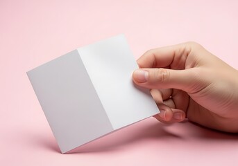 Fototapeta premium Hand Holding Blank Folded White Card Mockup on Pink Background