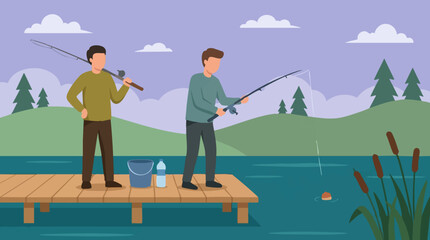 Two Men Fishing on a Wooden Dock in a Calm Lake Landscape © Nomadic