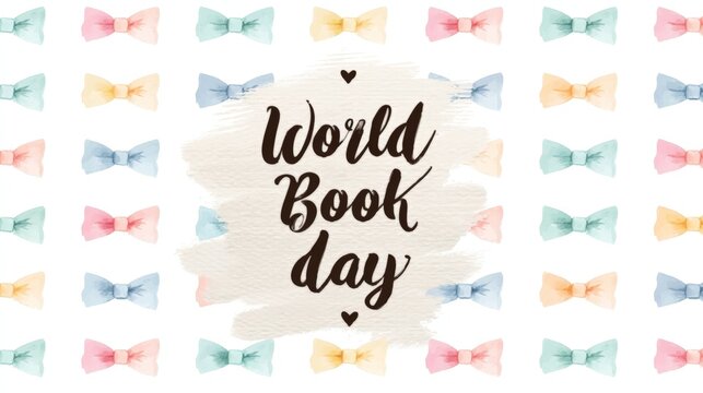Vibrant world book day Pastel bows fill the background, soft and sweet. Centered text reads "World Book Day" in elegant script. Two tiny hearts frame the words, adding warmth. Ideal for literary