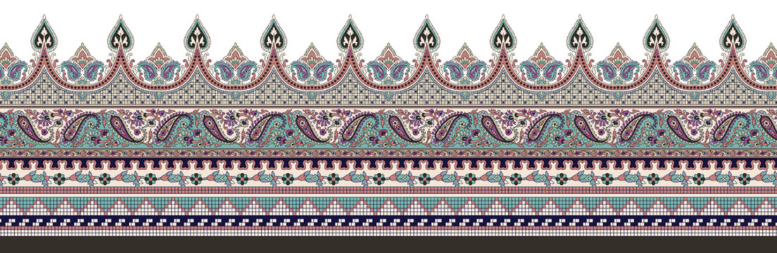 Ornate crown shaped border pattern with paisley motifs, traditional luxury textile design