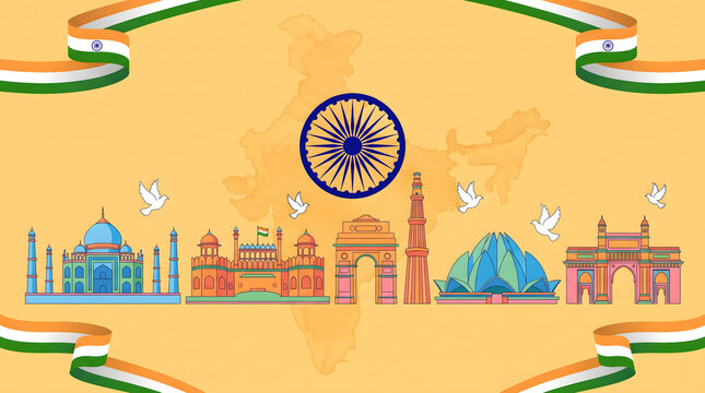 Indian landmark skyline with Ashok Chakra dove and tricolor ribbon on yellow background
