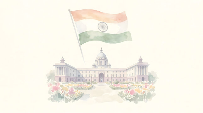Watercolor Indian parliament building with tricolor flag and flower garden on cream