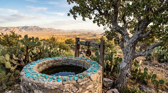 Old stone well with turquoise stones in desert landscape, rustic wooden bucket and tree, mountain range background, serene natural scenery